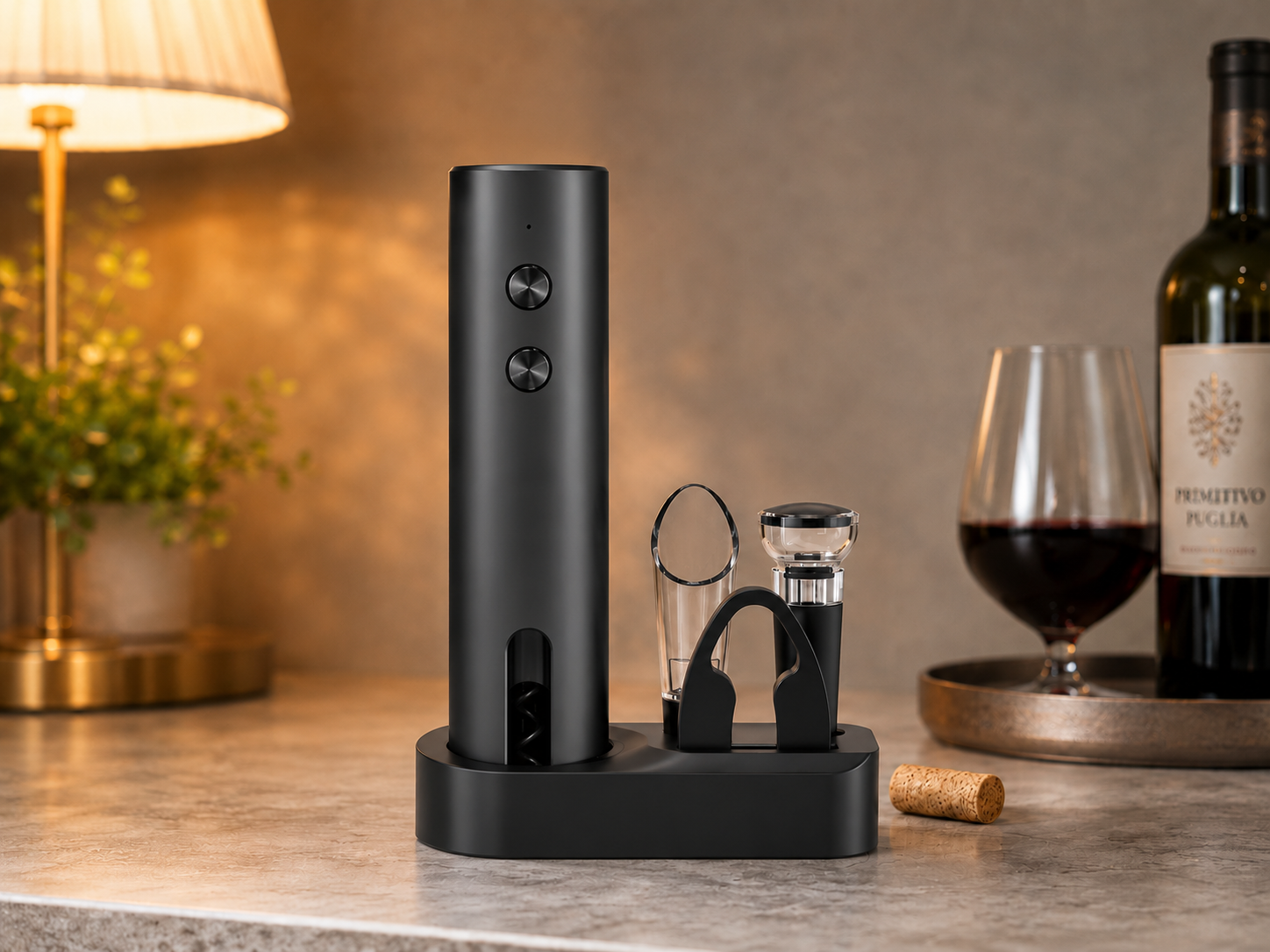 Elektryczny korkociąg Sommelier obok klasycznego korkociągu